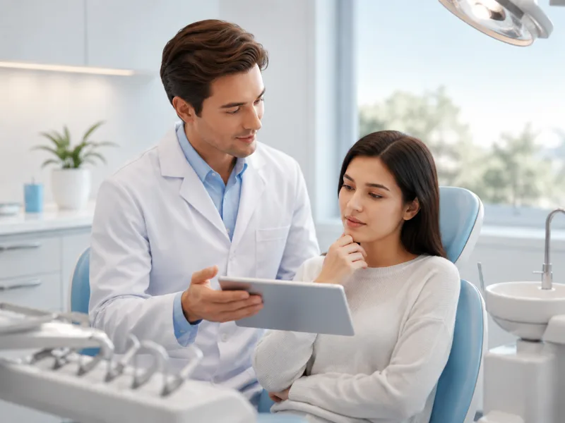 Dentist discussing treatment information with a patient on a tablet