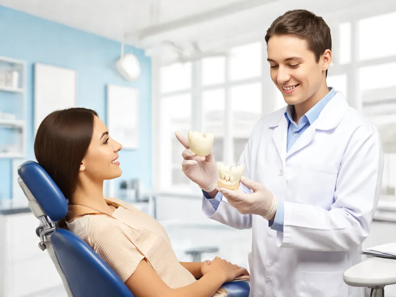 Dentist showing a patient a tooth model during a cosmetic dentistry consultation