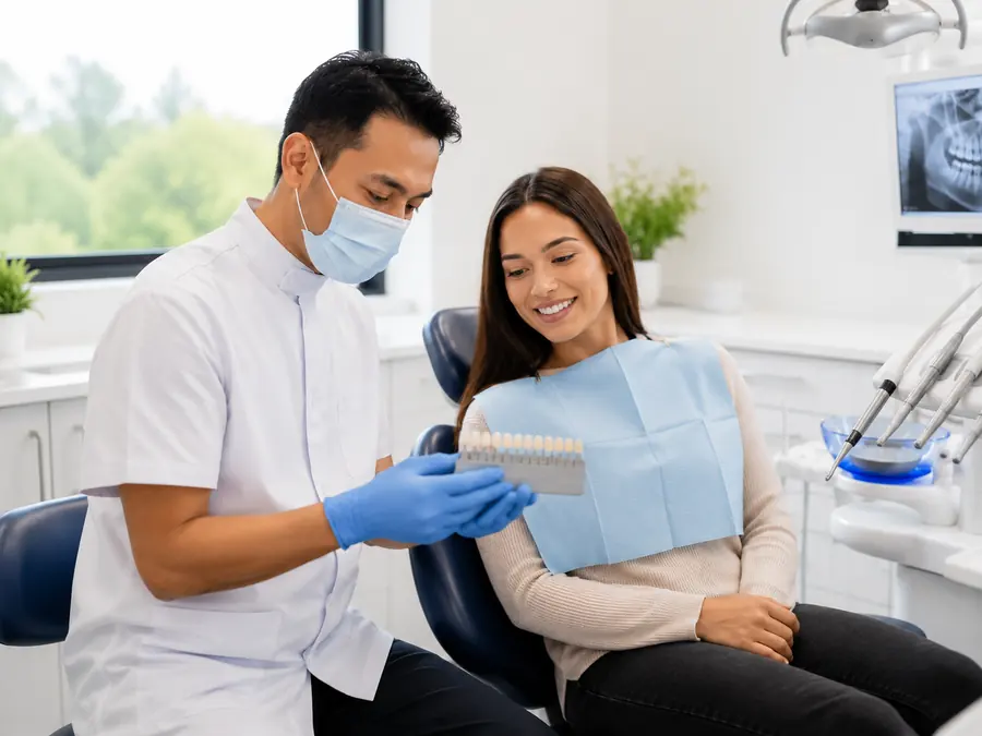 Dentist showing a patient a tooth shade guide for crown and restorative dentistry work