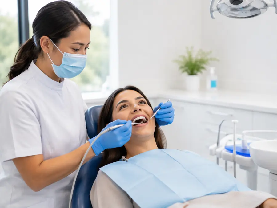 Dental hygienist performing ultrasonic teeth cleaning on a patient