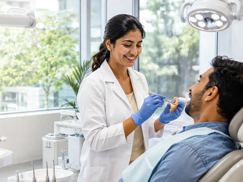 Dentist applying a white composite filling for a patient