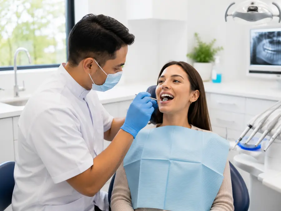 Dentist examining a patient's teeth during a full mouth examination at a dental clinic