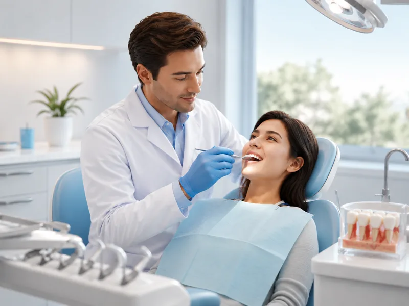 Dentist examining a patient's teeth and gums with gum-health models nearby