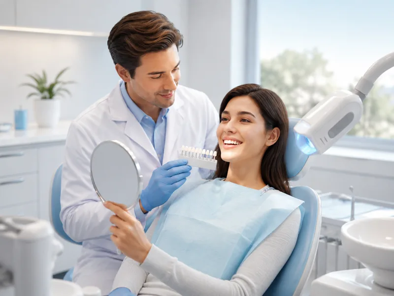 Dentist and patient comparing a tooth shade guide during a whitening consultation