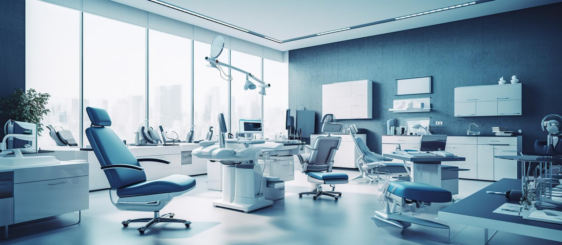 Modern dental clinic interior with a reclined dental chair and floor-to-ceiling windows overlooking the city